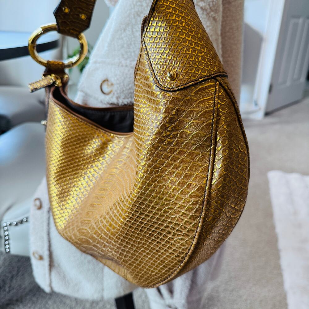 Gold Bamboo Ring Python Print Simulated Leather S… - image 2